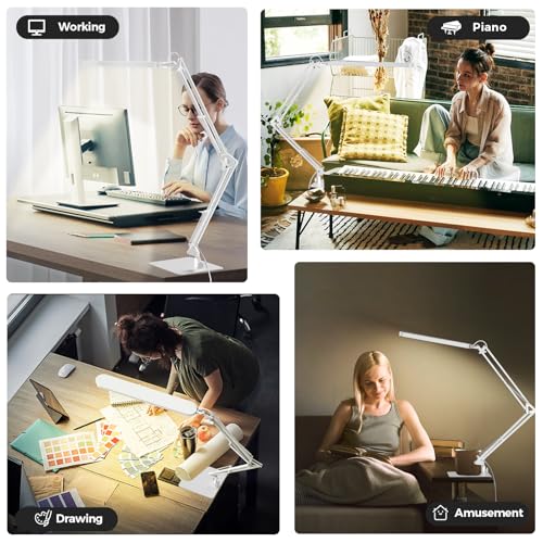 Image of SKYLEO LED Desk Lamp with Slim Base - Adjustable Swing Arm Desk Light, Dimmable, Timer, Eye Protection, Memory Function, 1300LM, 12W, White