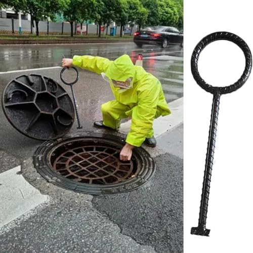 Manhole Hook Steel Manhole Lifting Keys for Pulling, Single Storm Drains Extractor Tool with Round Handle, Multipurpose Portable Drain Grate Lid Risers for Outdoor(30cm (11 3/4
