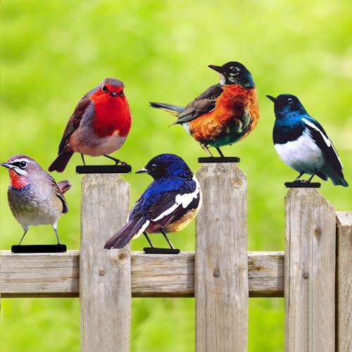 Mineup 5 Stück Gartendeko Bemalte Vogel, Bunt Bemalte 2D Gartenkunst, Vogel Gartenstecker, Voge Deko Figuren Künstliche für Gartendekoration Holz Zaunfiguren Frühling Bäume Deko