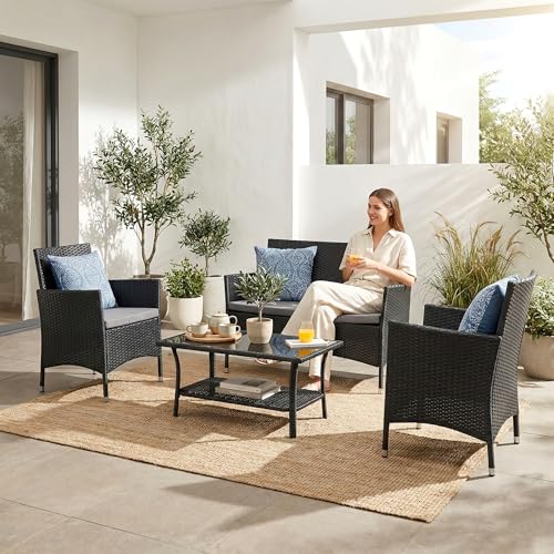 Image of OUTLIVING Outdoor 4 Seater Sofa Set || Patio Furniture Sets || Balcony Sofa || Indoor Sofa || Wicker Rattan Garden Sofa Set with Cushion and Center Table (Black /Grey)