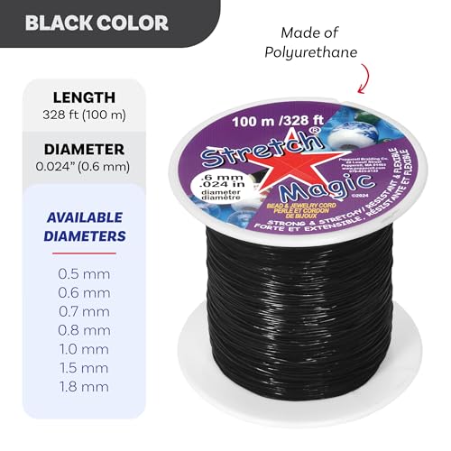 Image of Stretch Magic Elastic Beading Cord - Black Color, 0.6mm in Diameter, 100-Meter (328 ft) - Easy to Knot, Strong & Stretchy String for Making Beaded Jewelry