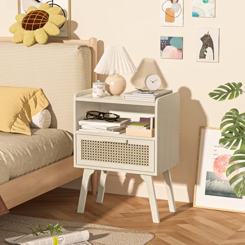 Image of Lerliuo Rattan Nightstands Set of 2, Side Table with Drawer Open Shelf | Cane Accent Bedside End Table, Mid Century Modern Night Stand for Bedroom, Dorm and Small Spaces (Grey White)