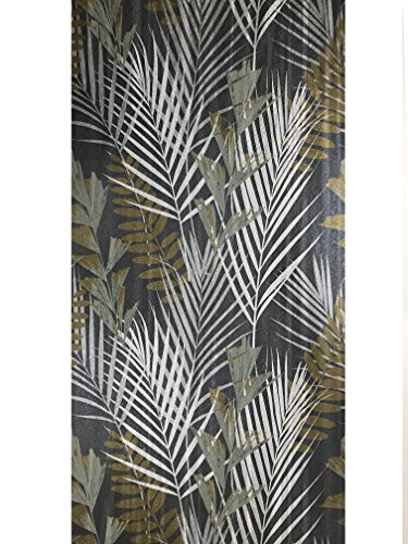 76 Sq.ft Made In Italy Portofino Wallcoverings Textured Rolls Modern Embossed Vinyl Wallpaper Silver Black Bronze Metallic Green Olive Floral Tropical Palm Leaves Pattern Trees Textures 3D Textured #TOP3