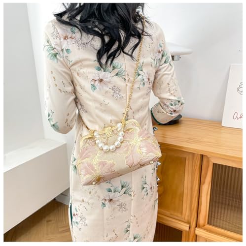 Image of Pearl Evening Bag for Women Lily Pattern Vintage Embroidered Floral Clutch Purse Evening Handbag Shoulder Crossbody Bags