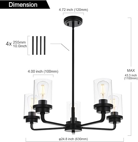 Miniatura 5 de MELUCEE Candelabros clásicos para comedor con pantalla de vidrio transparente, 5 luces negras colgantes para techo, lámparas colgantes para entrada,