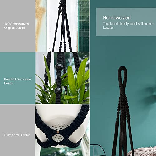 Rifny Macrame Plant Hanger Indoor, 35" /29" / 23" Heavy Duty Woven Rope Hanger Kits With Metal Hooks, Set Of 3 Boho Rope Plant Holders Stand For Home Decor Plant Pots No Tassels, Black #TOP4
