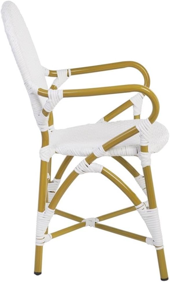 Pemberly Row Coastal Wood and Metal Arm Chair, 23 x 20.5 x 35.5 in, White Finish, Polyethylene Wicker and Aluminum, Comfortable Accent Chair for Outdoor or Indoor Seating