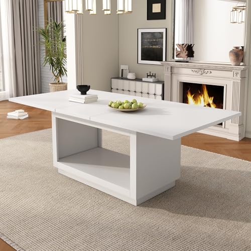 Table de salle à manger extensible moderne carrée blanche (140/180 x 70 x 76,5 cm) avec compartiment de rangement, idéale pour le salon et la salle à...