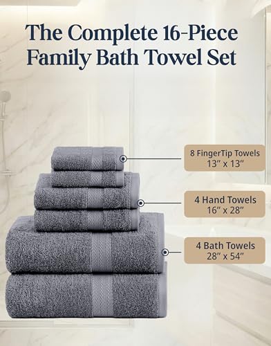 Image of LANE LINEN 100% Cotton Towels Set for Bathroom - 16 Piece Family Pack - Soft, Absorbent & Quick Dry - 4 Bath, 8 Washcloths, 4 Hand Towels - OEKO TEX Certified, Machine Washable & Durable - Cool Grey