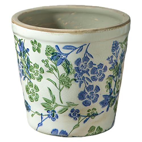 SYDDOL Maceta de cerámica rústica retro con agujero de drenaje, maceta decorativa vintage para interiores con esmalte agrietado y diseño floral pintado a mano, maceta rústica para el hogar y el jardín
