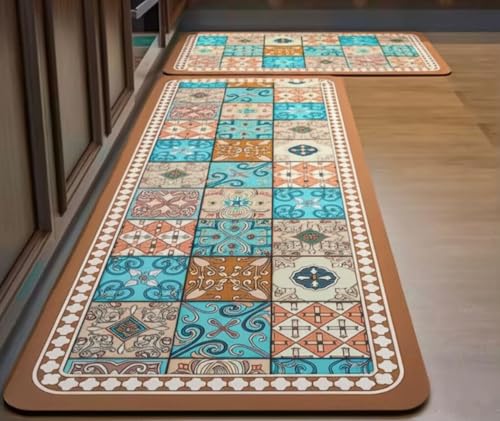 Image of HomeCloud Rubber Kitchen Mats for Floor Set of 2 Pcs|Non-Skid, Soft Absorbent Rugs for Kitchen, Laundry, and Hallway|120x40cm, 40x60cm| 4mm Thickness (Moroccan Beige Blue)