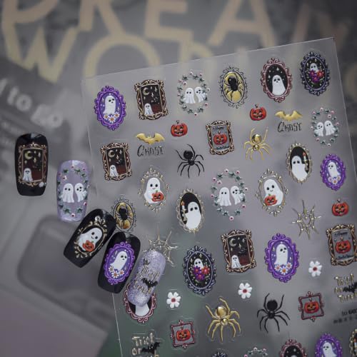 1Sheet Retro Halloween Nail Stickers 5D Embossed Mirror Ghost Nail Decals Spooky Pumpkin Spider Nail Art Sticker Retro Picture Frame Ghost Nail Supplies Halloween Nail Decoration for Women DIY