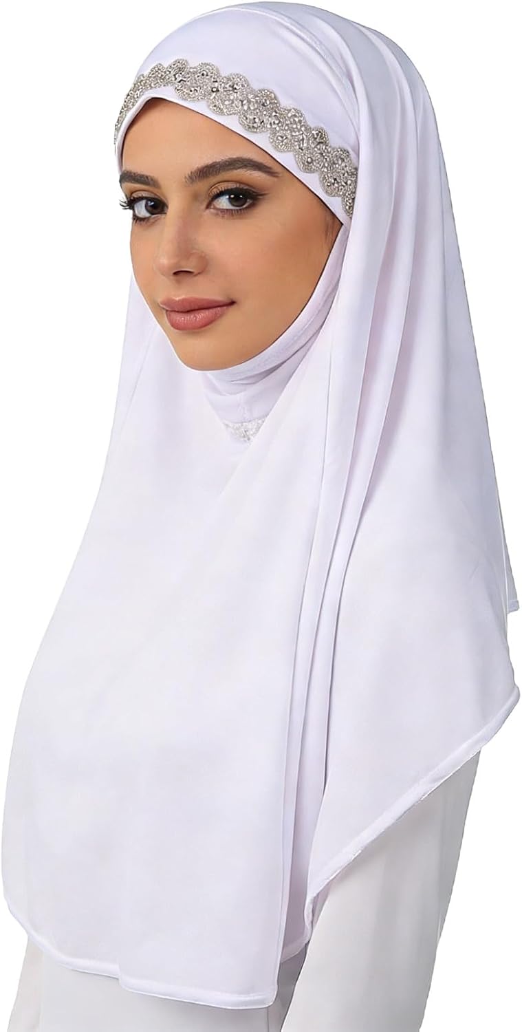 PURFUN Women Full Coverage Muslim Hijab with Rhinestone Trim, Soft Instant Turban Head Scarf Arabian Islamic Long Hijab