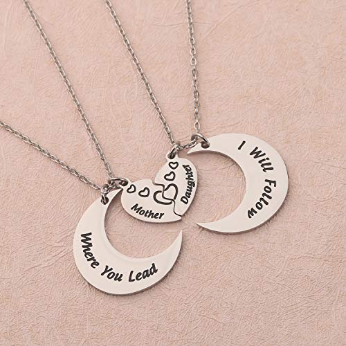 LQRI Mother Daughter Set Necklace Mother Gift Where You Lead I Will Follow Mother Daughter Matching Moon Love Heart Necklace2