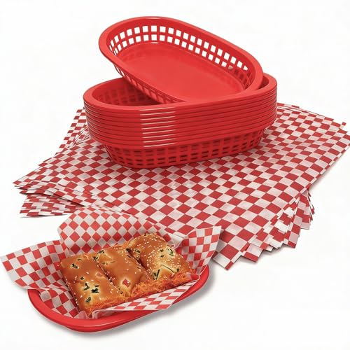 MEOTAKILE Fast Food Baskets with Checkered Deli Liners,10 Reusable Plastic Serving Baskets+100 Grease-Resistant 12\" Papers,Burger&Hot Dog Tray Set for Parties, BBQ, Restaurants (Red Baskets)
