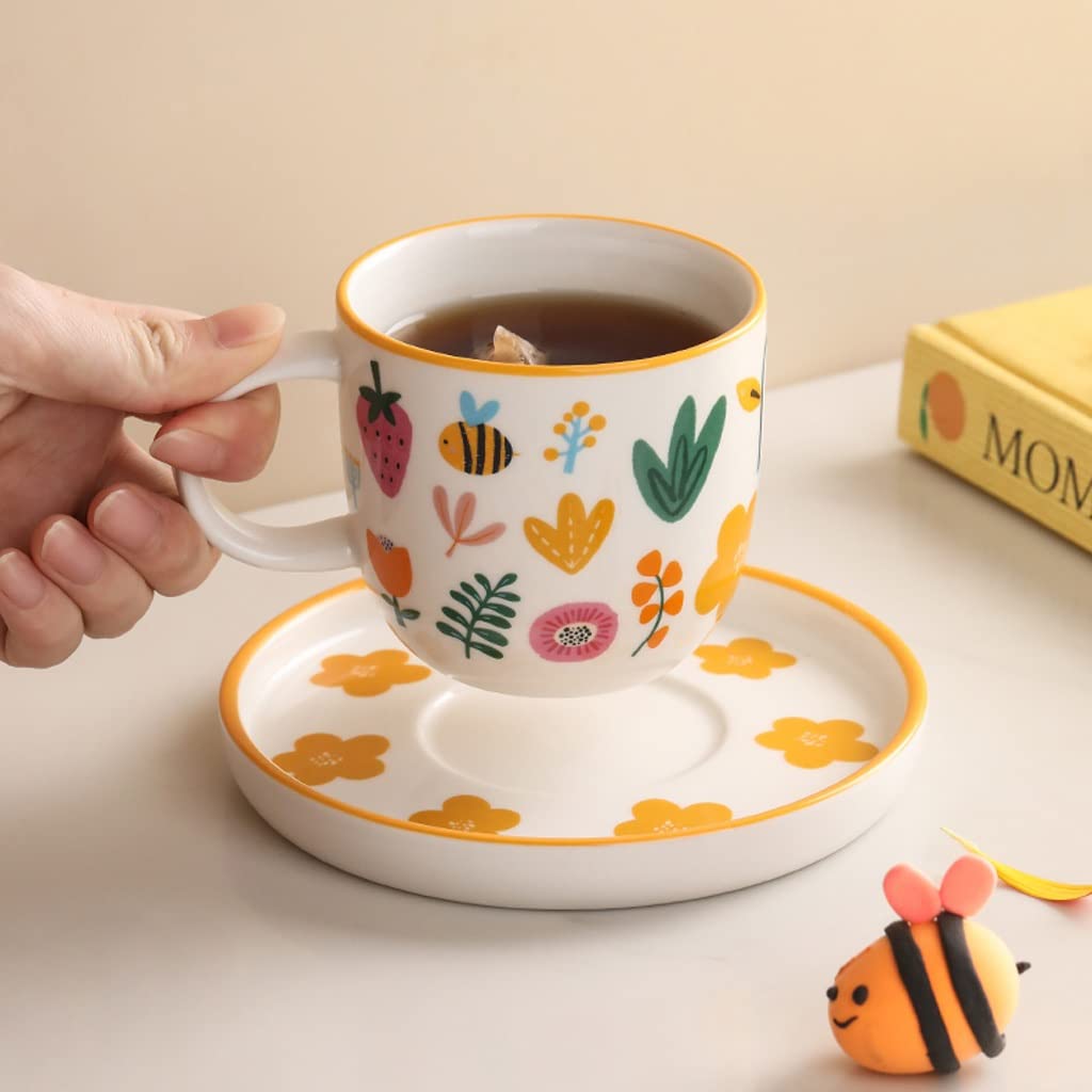 SISWIM Keramikbecher Home Keramik Tasse Untertasse Set Handgemalte Muster Becher Handgemachte Kaffeetasse Home Büro Milch Frühstück Becher Smart Mug