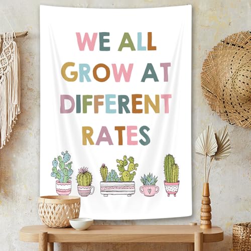 Wathon We All Grow At Different Rates Boho Classroom Poster Positive Inspirational Quote Tapestry for Classroom, Playroom Wall Decor Rainbow Style Child Art School Psychologist Decor 36X48IN