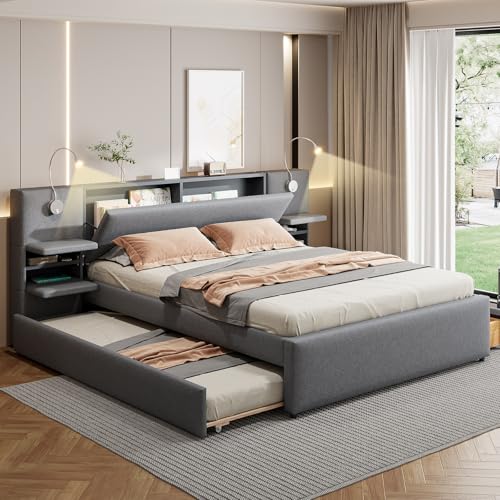 Luxury Queen Bed Frame,Queen Size Trundle Bed Frame with 2 Storage Drawers,Reading Lights, Storage Headboard,Storages Rack,Queen Size Linen Upholstered Platform Bed for Bedroom,Guestroom(Gray)