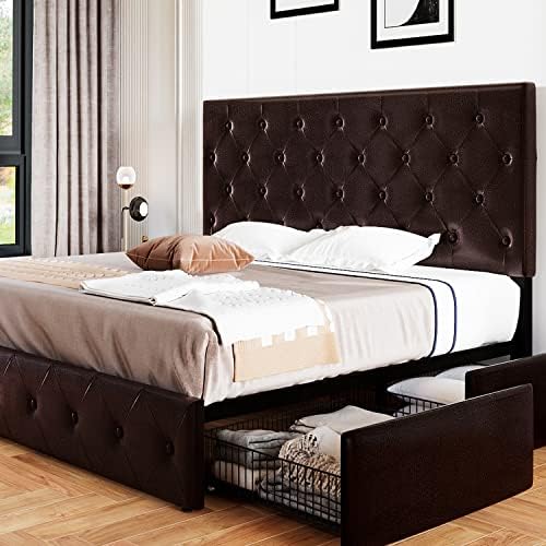Allewie Upholstered King Size Platform Bed Frame with 4 Storage Drawers and Headboard, Diamond Stitched Button Tufted Mattress Foundation with Wooden Slats Support, No Box Spring Needed, Black Brown