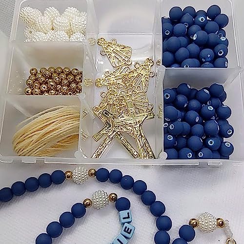 Maleta de Miçangas Bolinhas Para Terço Adulto Azul Cruz Nossa Senhora Batizado
