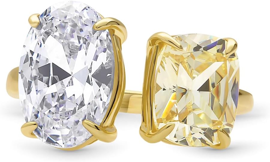 BERRICLE Sterling Silver Cubic Zirconia CZ Statement 2-Stone Cocktail Large Fashion Ring for Women, Yellow Gold Flashed Size 4-10 - Image 2