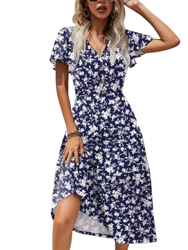 Image of Zeagoo Women's Summer Casual Dress Flutter Short Sleeve V Neck Button Down Tiered Flowy Long Dress with Pockets