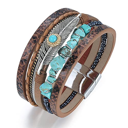 Azora Turquoise Stone Leather Wrap Bracelet Feather Cuff Bracelets Bohemian Woven Bracelet For Women Girls Gift Brown #TOP2