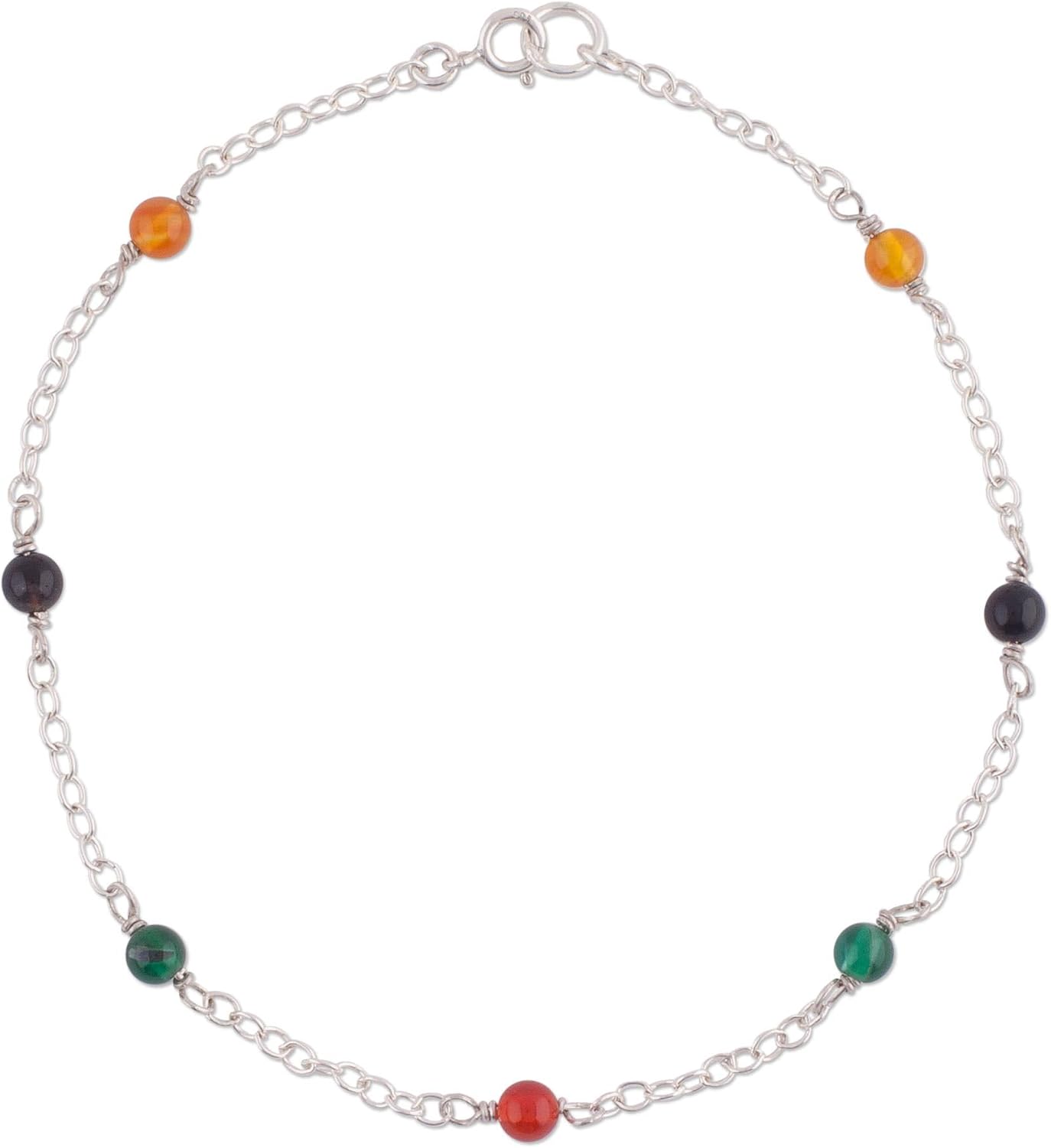 NOVICA Artisan Handmade Agate Anklet Multicolored Sterling Silver from Peru Chain Station Birthstone [9.5 in L 2 mm W] ' Leisurely Walk'