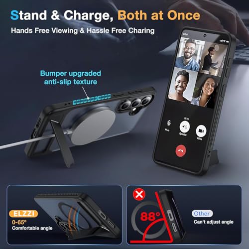 Image of Elzzi Magnetic Magsafe for Samsung Galaxy S26 Case [Compatible with MagSafe][Full Camera Protection][Built-in Invisible Kickstand] Translucent Matte Phone Back Cover-Black