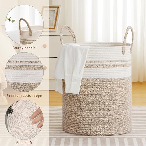 Image of 88L Large Tall Cotton Rope Laundry Basket with Handles, White & Brown