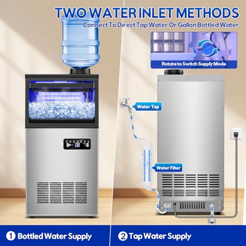 Image of Commercial Ice Maker Machine, 110Lbs /24H, 30Lbs Storage | 36Pcs Clear Ice Cubes in 10-15Mins, Stainless Steel, Under Counter Freestanding, 2 Water Inlet Modes, for Home Party Office