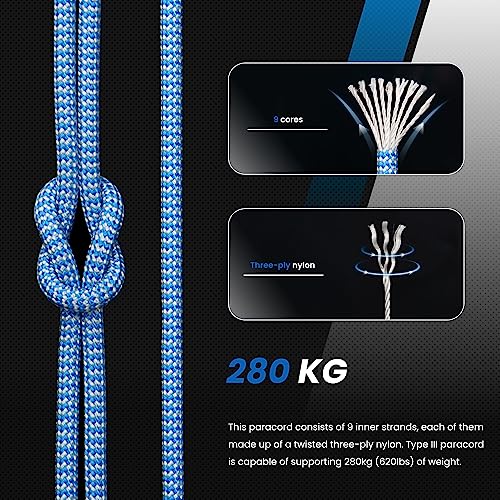 Abma Cord Paracord 620 lbs 4mm 9 Strands 100% Nylon 30M - Dark Blue & Silver Grey, Shockwave-dark Blue & Silver Grey, 30 Meters - Image 3