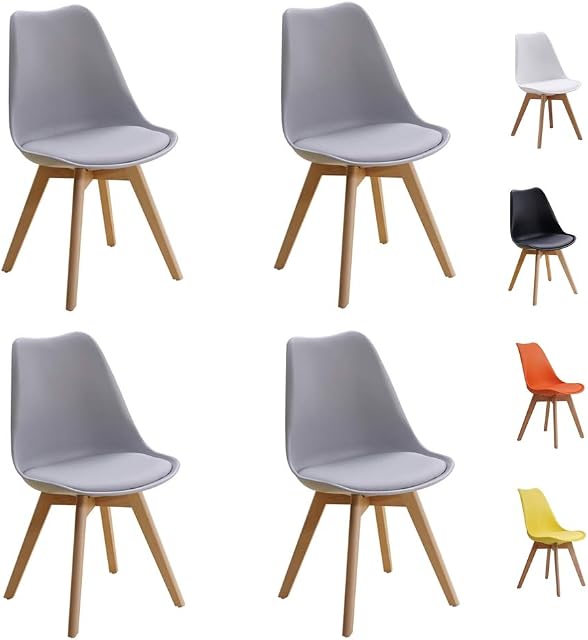 Homcasa Set of 4 Modern Design Dining Chairs, with Cushioned PU Seat and Solid Wood Legs Retro Lorenzo Lounge Chair (Grey)