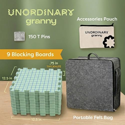 Image of Unordinary Granny Crochet Blocking Board Set - 9 Extra Thick Interlocking Mats with Grid, 150 T-Pins, Felt Storage Bag and Cotton Pouch (Sage Green)