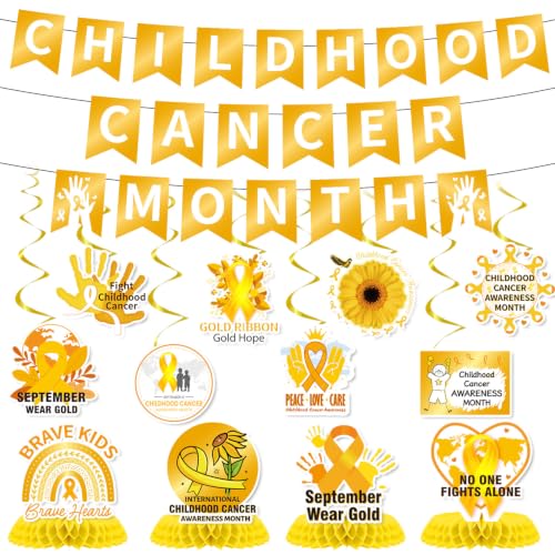 Image of Gameza Childhood Cancer Awareness Decorations - 14PCS Childhood Cancer Awareness Month Party Banner Hanging Swirls Honeycomb Centerpieces Decor, Gold Ribbon Charity Public Social Event Party Supplies