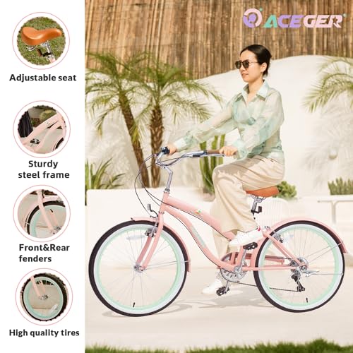 Image of ACEGER Girls Beach Cruiser Bike for Kids 5-13 Years Old, 16 inch 18 inch 20 inch 24 inch Single Speed Kids Bicycle Included Coaster Brake, Front and Rear Reflectors, 24 inch 7 Speeds with Dual Brakes