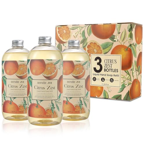 ROMIIE ZOI Liquid Hand Soap Refill Gift Set – 3 Pack (26 Fl Oz Each), Citrus Zest Scent – Moisturizing, Biodegradable & Cruelty-Free Formula with Essential Oils for Sensitive Skin