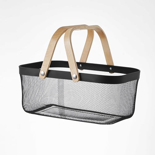 Eden & Willow Mesh Wire Metal Storage Basket with Wooden Handle - Versatile Organiser for Kitchen, Bathroom, Office - Stackable & Durable (Black, Large)