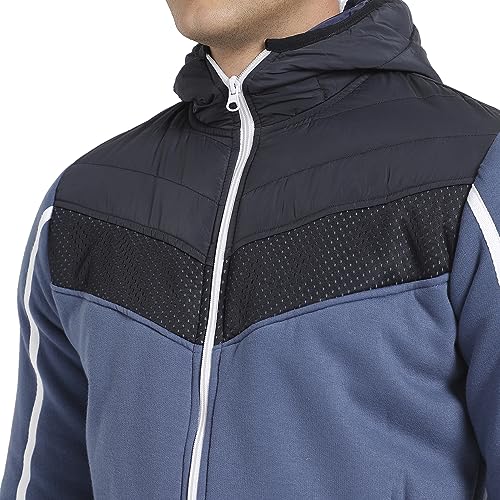 Image of CAHOOT Men's Prussian Blue Contrast Panel Puffer Jacket With Insert Pocket For Casual Wear | Hood Neck | Long Sleeve | Zip Closure | Polyester Jacket Crafted With Comfort Fit For Regular Wear