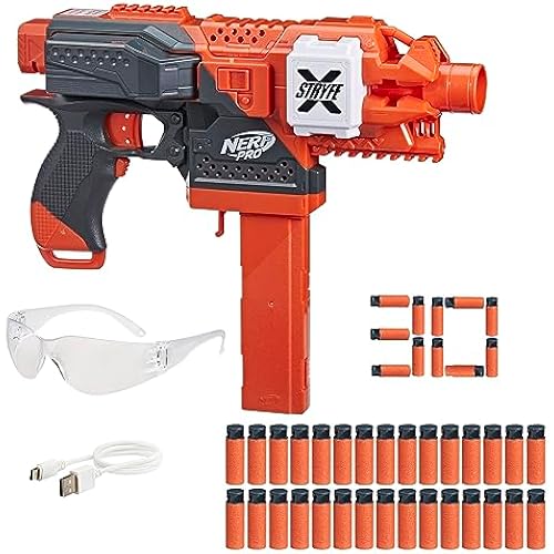NERF Pro Stryfe X Dart Semi-Auto Blaster, Rechargeable LiPo Battery, 30 AccuStrike Half-Length Darts, 15-Dart Magazine, 150 FPS, Eyewear, 14+ (Amazon Exclusive)