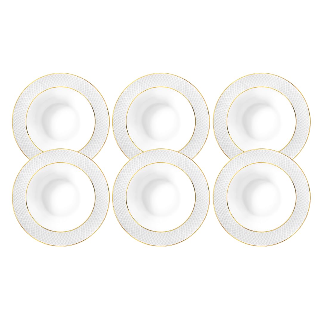 Wilmax – głęboki talerz ze złotym wzorem – 6 sztuk – Ø 22,5 cm – biały talerz do zupy z porcelany – 450 ml – nadaje się do mycia w zmywarce – talerz śniadaniowy – talerz do ciasta