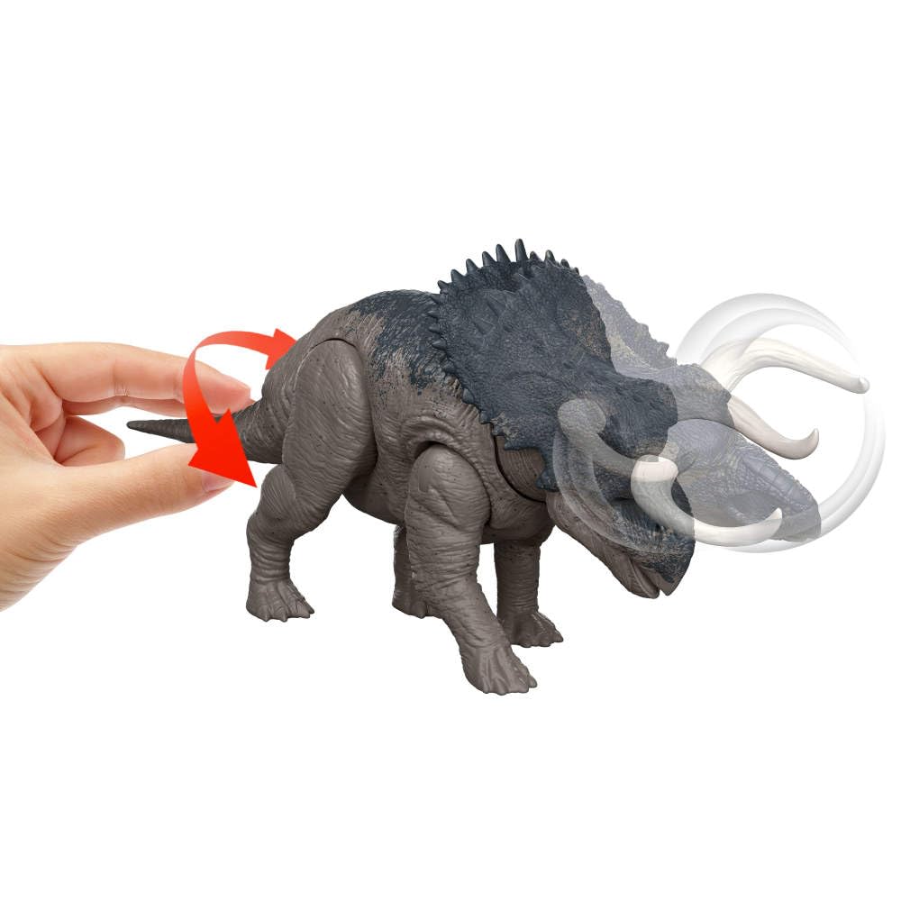 Mattel Jurassic World La Rinascinta Nasutoceratopo Ruggito Selvaggio, dinosauro giocattolo con attacco multidirezionale azionato con la coda e suoni, snodato, gioco digitale, JGC81