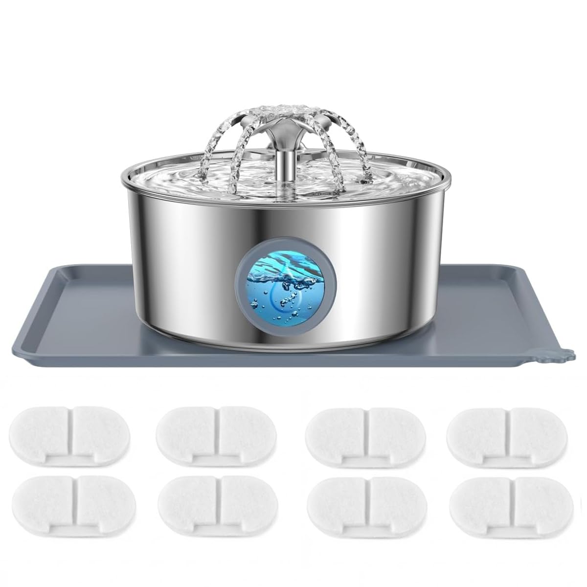 LucidShine 108oz/3.2L Stainless Steel Cat Water Fountain with 8 Replacement Filters（Up to 8-Month Supply）, Automatic Pet Drinking Fountain for Multi-Pet Households, Ultra Quiet Pump & Dishwasher Safe