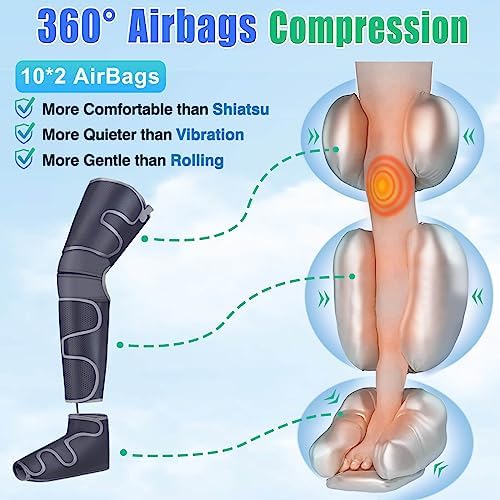 Leg Massager with Air Compression & Heat, 4-In-1 Foot Calf Thigh Knee Massager for Circulation & Pain Relief, 4 Modes 4 Intensities 2 Heat Levels, 10*2 Airbags, Compression Boots Machine, Fit 5’1-6’2