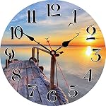 VIKMARI 14in Silent en bois Pendentif Sunset Beach Batterie Horloge murale de la batterie de l'horloge , non-cliquetant Quartz Facile à lire ronde arabe chiffres Ocean Bridge Horloge nautique décorative pour la cuisine, chambre, bureau