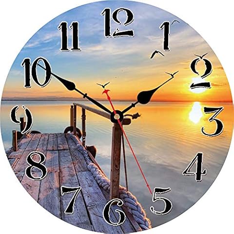 Reloj de Pared VIKMARI silencioso, Cuarzo excelente Barrido Movimiento preciso de Madera 14 Inch Puesta del Sol por el mar Cover