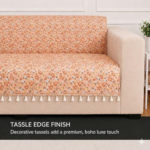 Image of STITCHNEST 'Frostvine Collection' 2 Seater Sofa Cover - Full Coverage| Cotton Quilted Fabric, Decorative Tassels, Washable & Durable for Modern Living