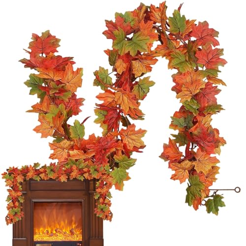 Ghirlanda di Foglie Autunnali - Ghirlanda Artificiale con Foglie d’Acero in Rattan 1,7 Metri | Decorazione Autunnale Colorata per Feste Matrimonio Casa | Ciondolo Rattan - Decorazioni Stagionali