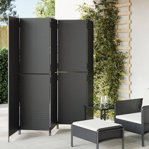 Biombo biombo de 5 piezas de poliratán negro con marco de acero recubierto de polvo, 245 x 180 cm, resistente a la intemperie, para exterior e interior, protección visual y vestuario