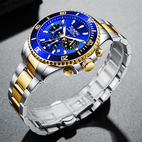 Image of ZUIPAI Moon Phase Watch for Men Chronograph Dial Analog Quartz Wristwatch Luxury Diamond Business Dress Watch with Luminous Waterproof Calendar Stainless Steel Strap